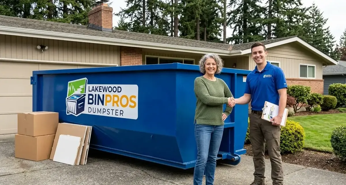 Homeowner shaking hands with a Lakewood Bin Pros crew member beside a roll-off container on a driveway