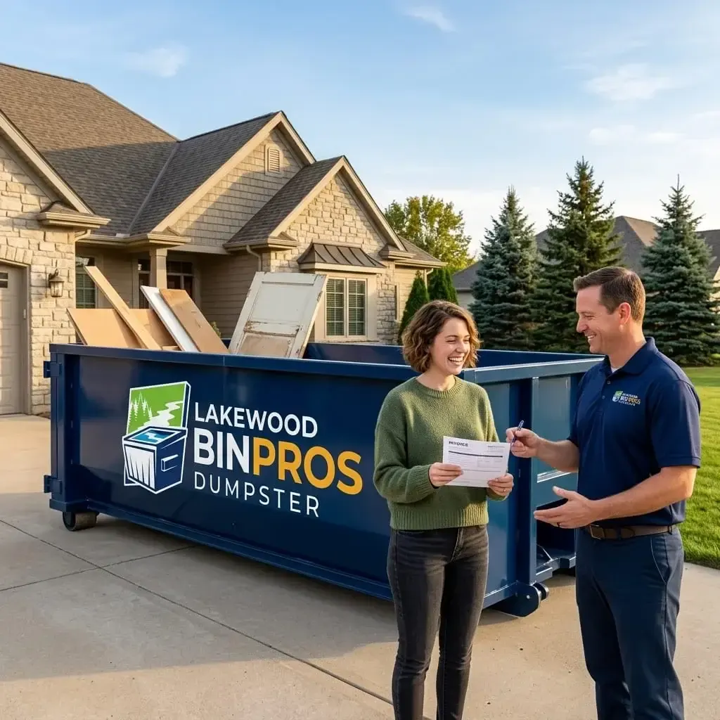 Smiling homeowner holding a paper beside a Lakewood Bin Pros crew member with a clipboard, next to a roll-off container in front of a house