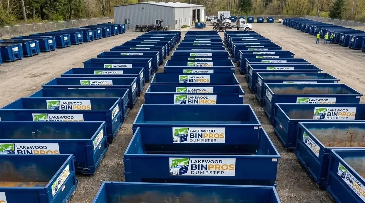 Rows of navy Lakewood Bin Pros roll-off containers lined up in the container yard