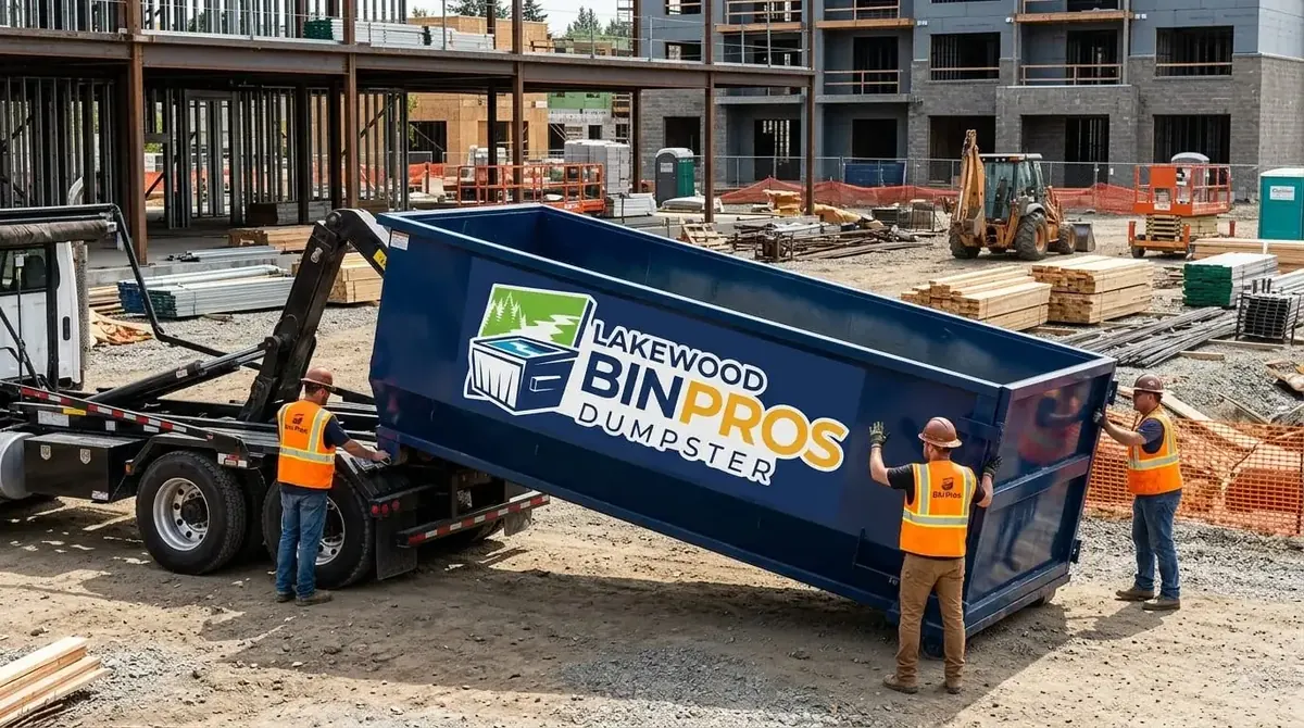 Lakewood Bin Pros crew members in hard hats and safety vests as a roll-off truck sets a container down on a construction site