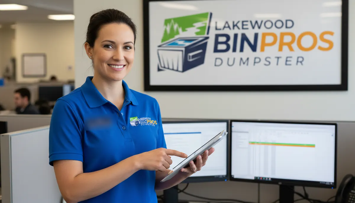 Lakewood Bin Pros customer-care team member holding a tablet in the office