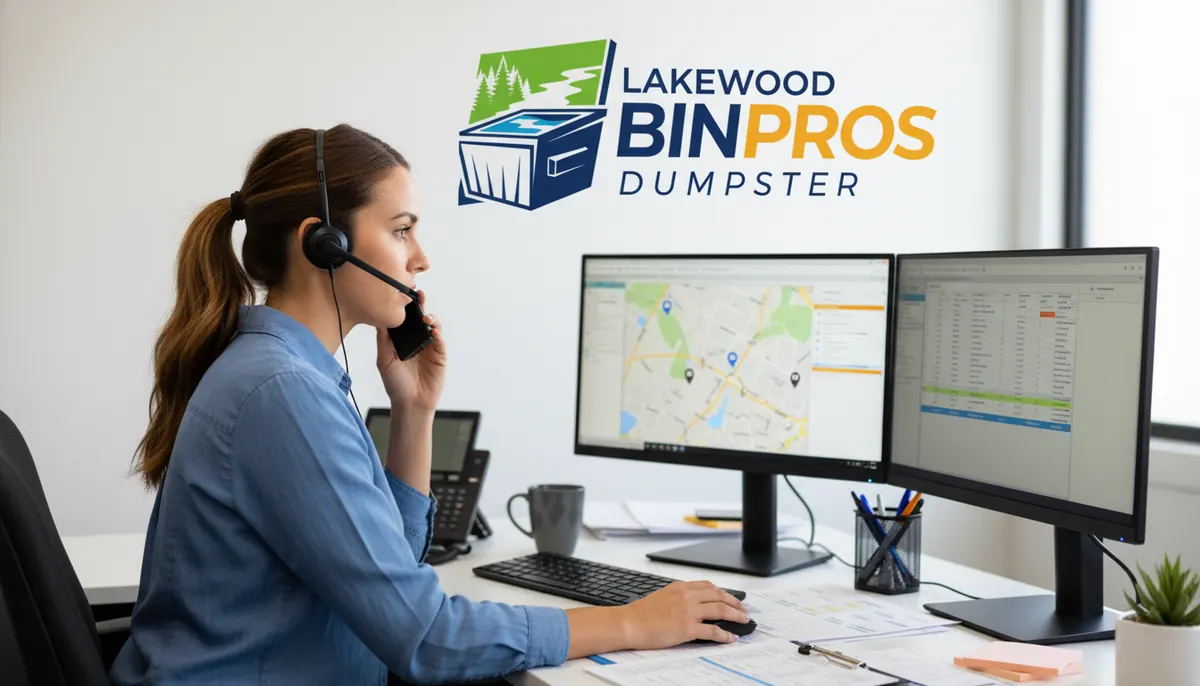 Lakewood Bin Pros dispatcher on the phone at a desk with route maps on the screens
