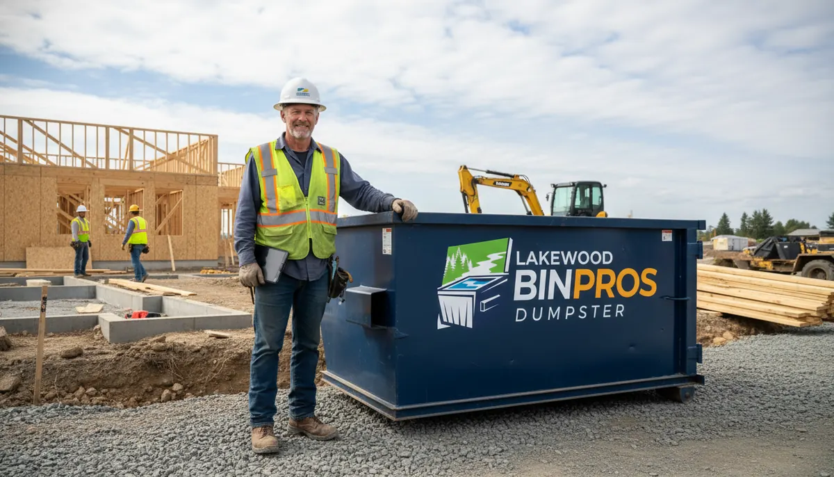 Lakewood Bin Pros crew member in a hard hat and hi-vis vest standing beside a roll-off container on a job site