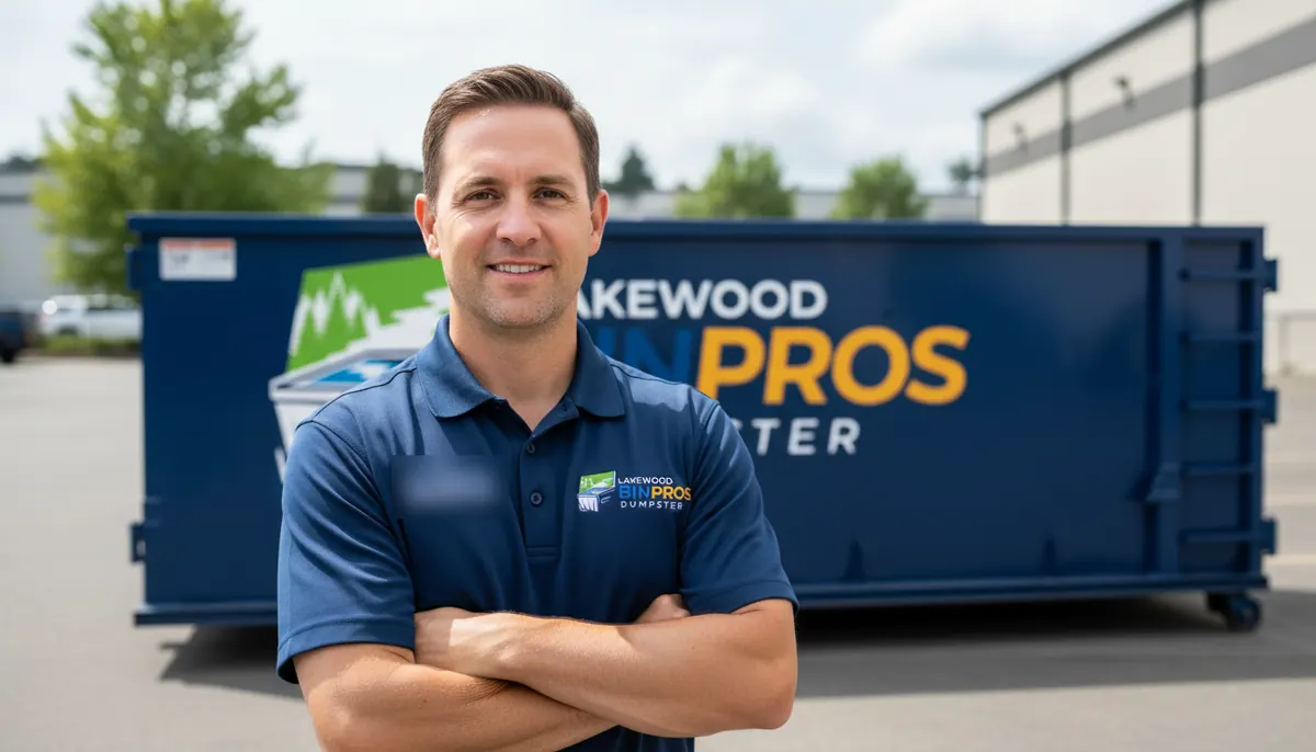 Lakewood Bin Pros team member in a company polo shirt in front of a roll-off container
