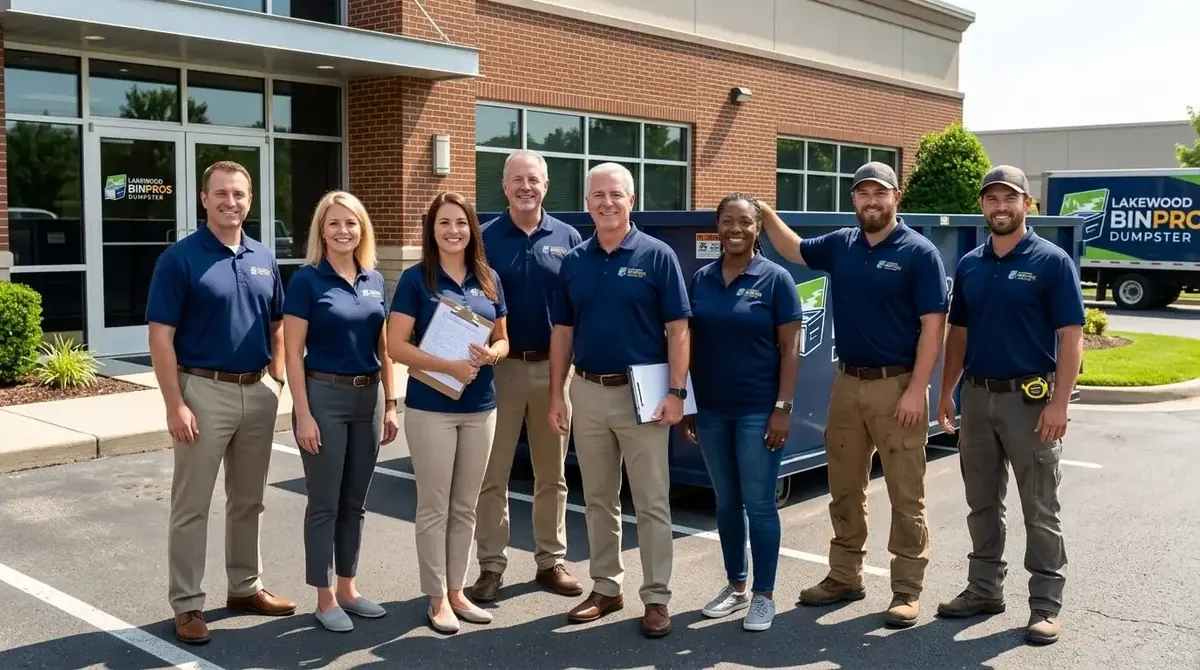 The Lakewood Bin Pros team in navy polo shirts in front of the office, with a roll-off container behind them